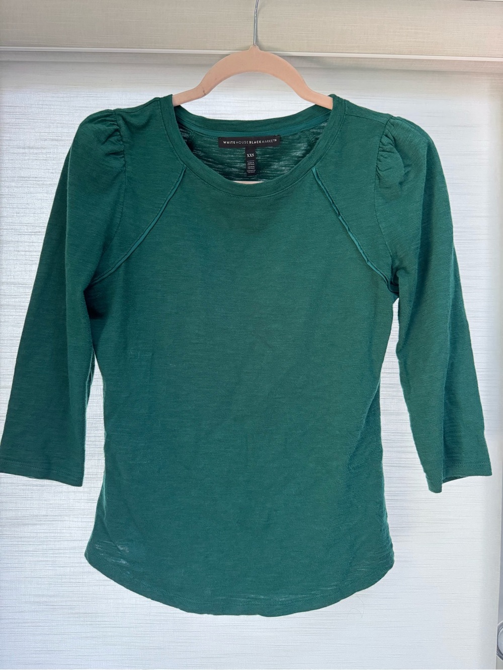 White House Black Market Slub Knit Green 3/4 Length Puff-Sleeve Tee